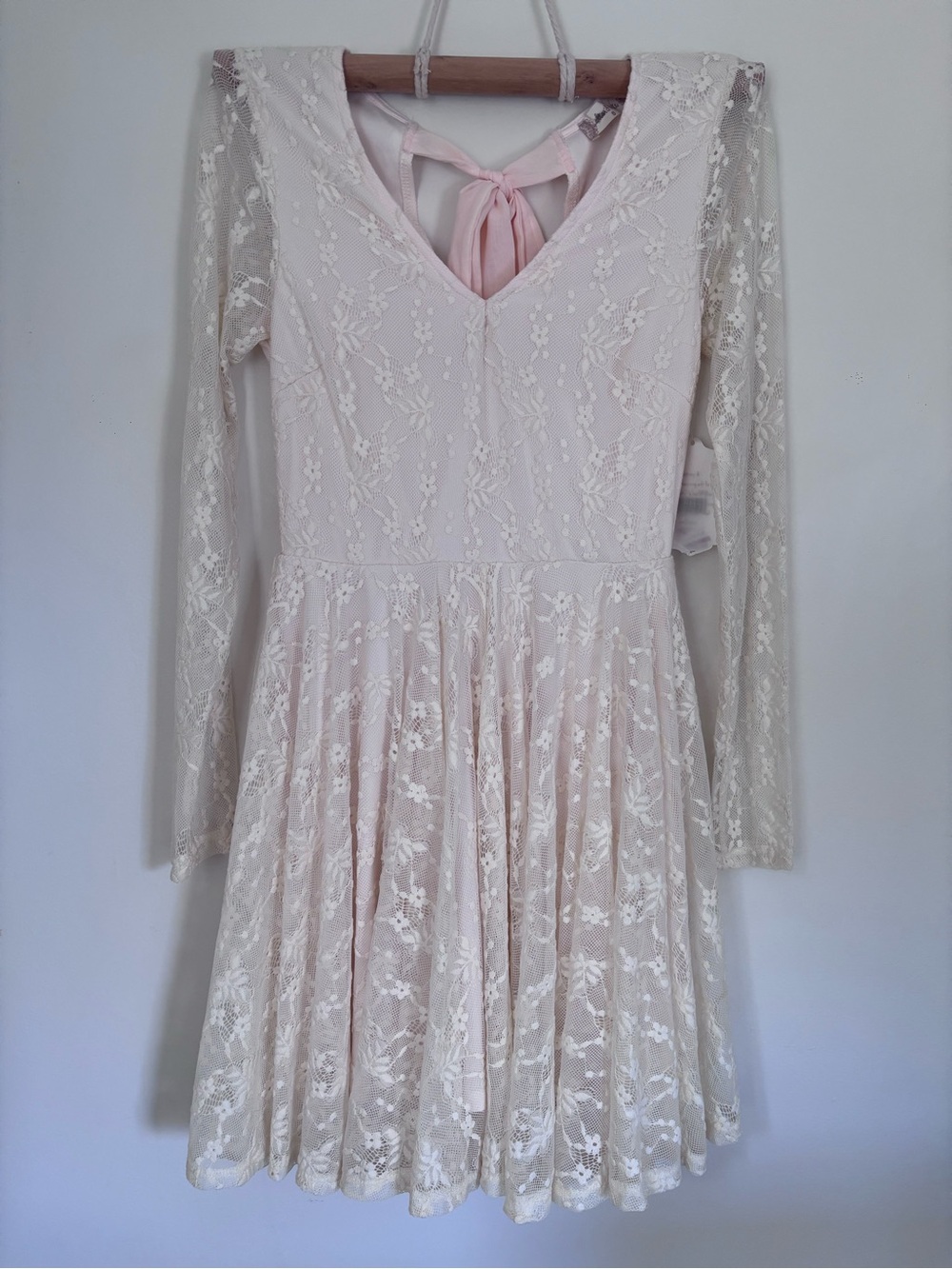 Altar'd State Blush and Ivory Lace Long Sleeve Fit-and-Flare Dress